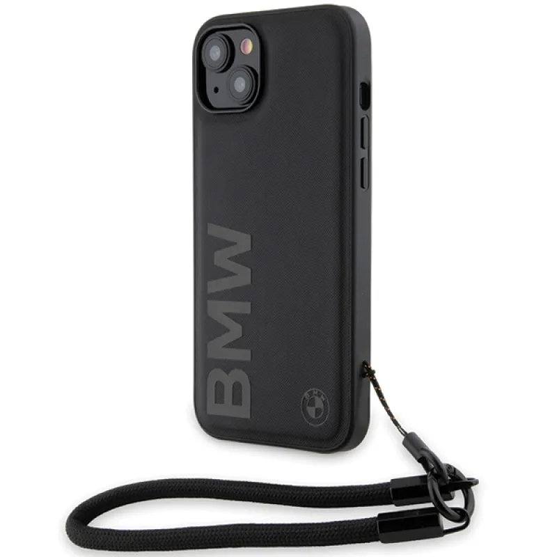 BMW Signature Leather Wordmark Cord Case pre iPhone 15/14/13 - čierny