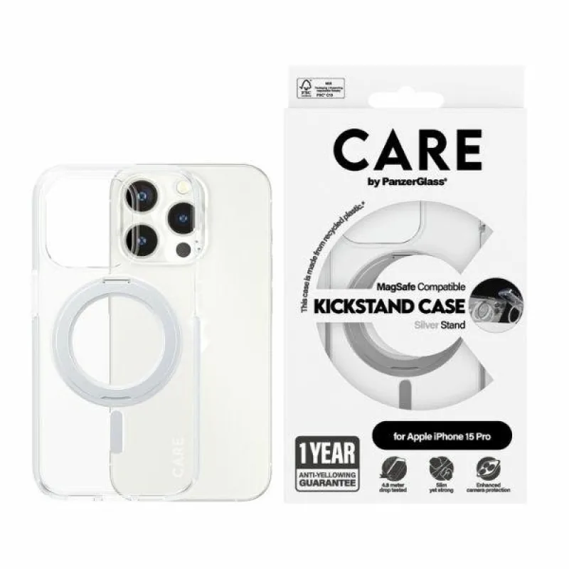 CARE by PanzerGlass Kickstand Case MagSafe pre iPhone 15 Pro - strieborný