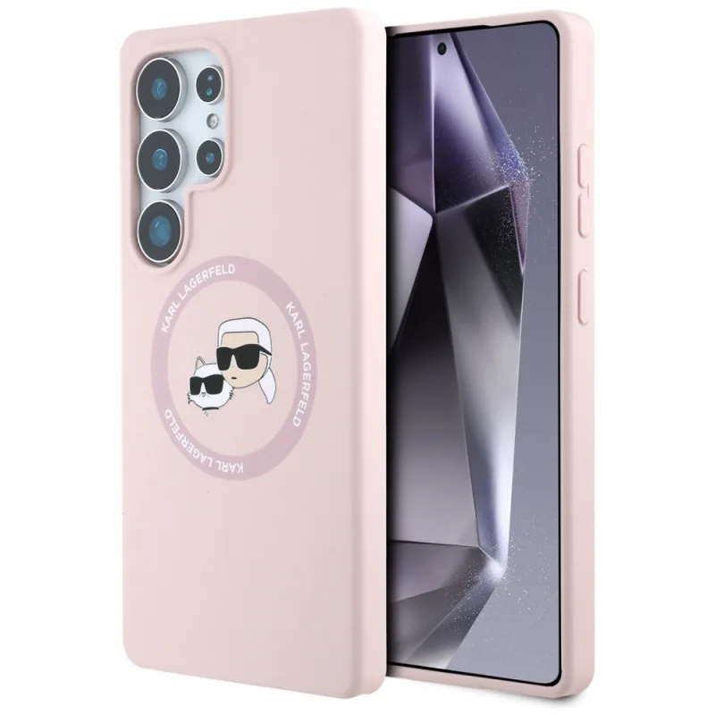 Karl Lagerfeld silikónové puzdro s dvojitými hlavami a kruhom MagSafe na Samsung Galaxy S25 Ultra ružové