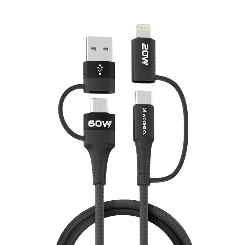 Wozinsky WNBAA 4v1 kábel 2x USB-C 1x USB-A 1x Lightning 60W 1 m - čierny