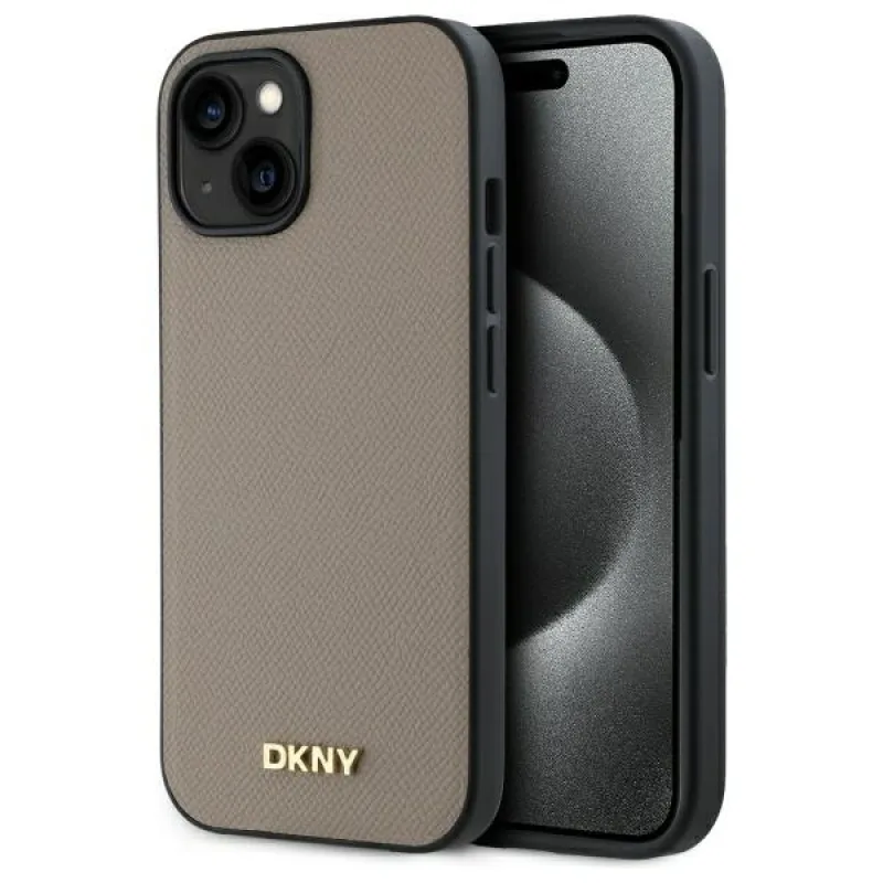 Puzdro DKNY Grained Metal Logo MagSafe iPhone 15 – béžové