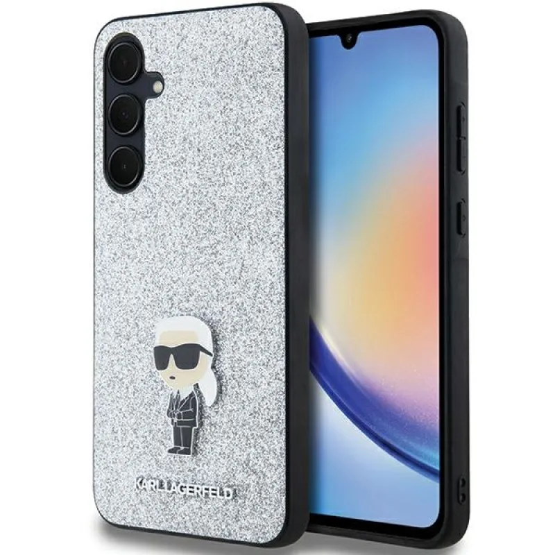Obal Karl Lagerfeld Fixed Glitter Ikonik Logo Metal Pin pre Samsung Galaxy A35 - strieborný