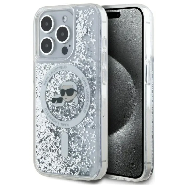 Karl Lagerfeld Liquid Glitter Karl & Choupette Head Magsafe Case pre iPhone 15 Pro Max – priehľadný