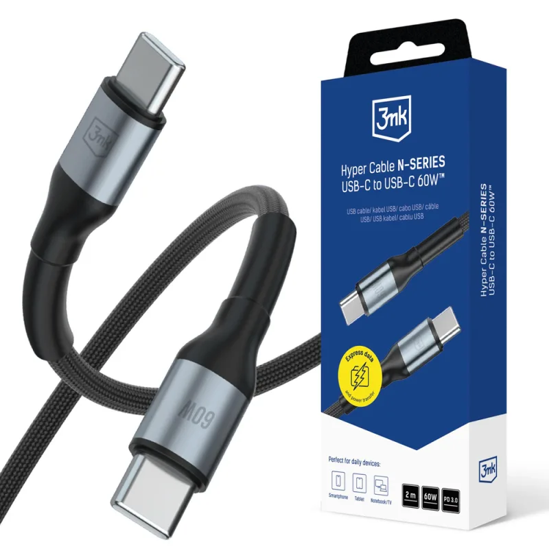 3mk Hyper kábel 3mk Hyper kábel N-SERIES USB-C / USB-C 2m 20V/3A 60W / čierny