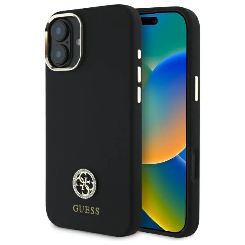 Guess Silicone Logo Strass 4G puzdro pre iPhone 16 - čierne