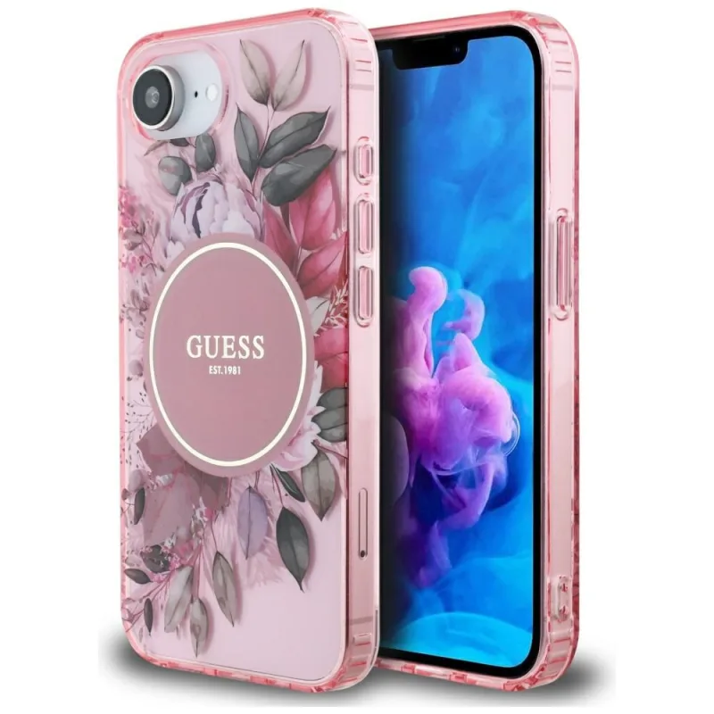 Puzdro Guess IML Flowers MagSafe iPhone 16e – ružové