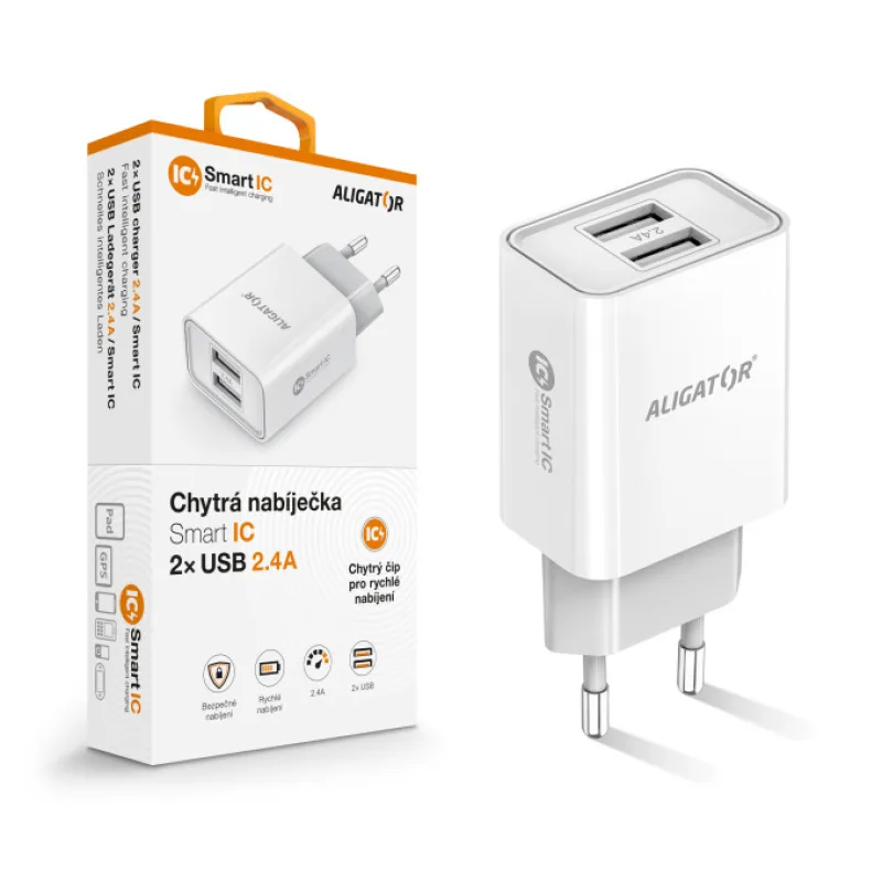 Múdra sieťová nabíjačka ALIGATOR 2, 4A, 2xUSB, smart IC, biela CHA0039