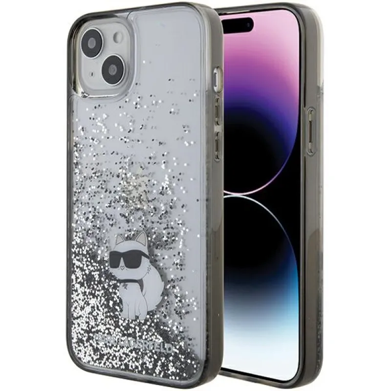Puzdro Karl Lagerfeld Liquid Glitter Choupette pre iPhone 15 Plus - priehľadné