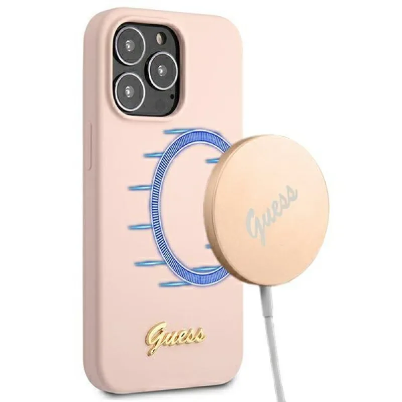 Guess GUHMP13XLSLMGLP iPhone 13 Pro Max 6,7" svetloružové/svetloružové pevné puzdro Silicone Script Gold Logo Magsafe