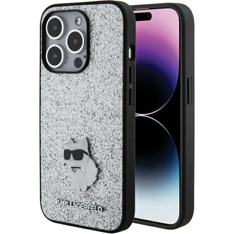 Púzdro s kovovým kolíkom s pevným trblietavým logom Karl Lagerfeld pre iPhone 15 Pro Max – strieborné