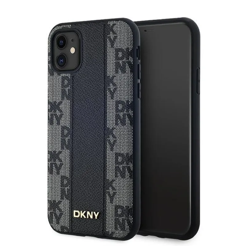 DKNY kožené kockované puzdro MagSafe s mono vzorom pre iPhone 11 / Xr - čierne