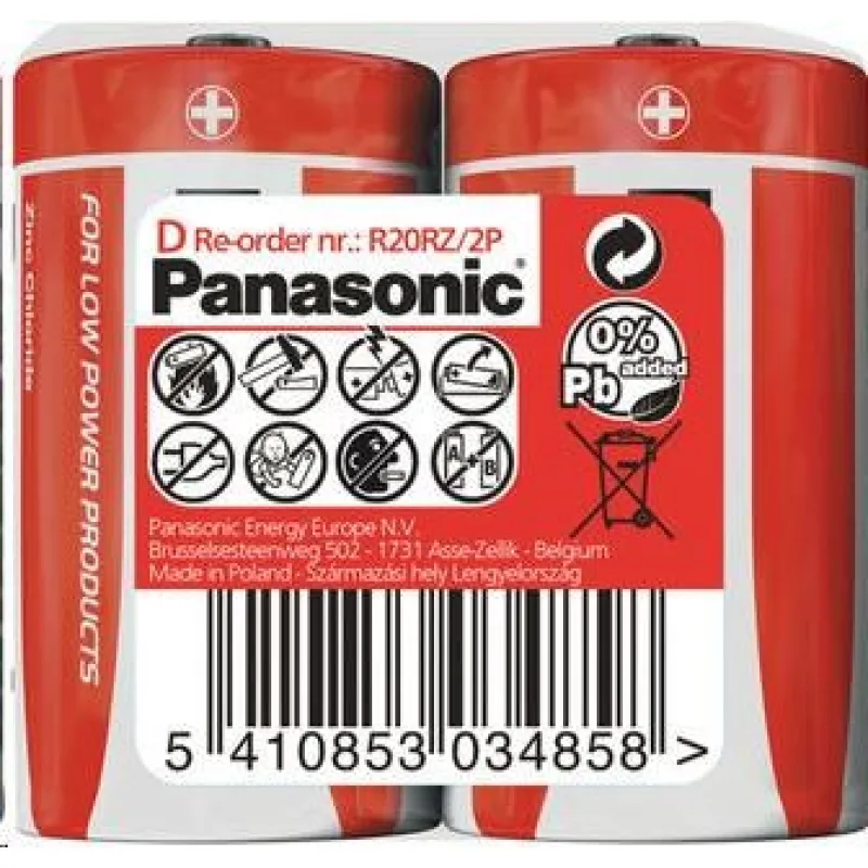 PANASONIC Zinkouhlíkové baterie Red Zinc R20RZ/ 2P D 1, 5V (shrink 2ks)…