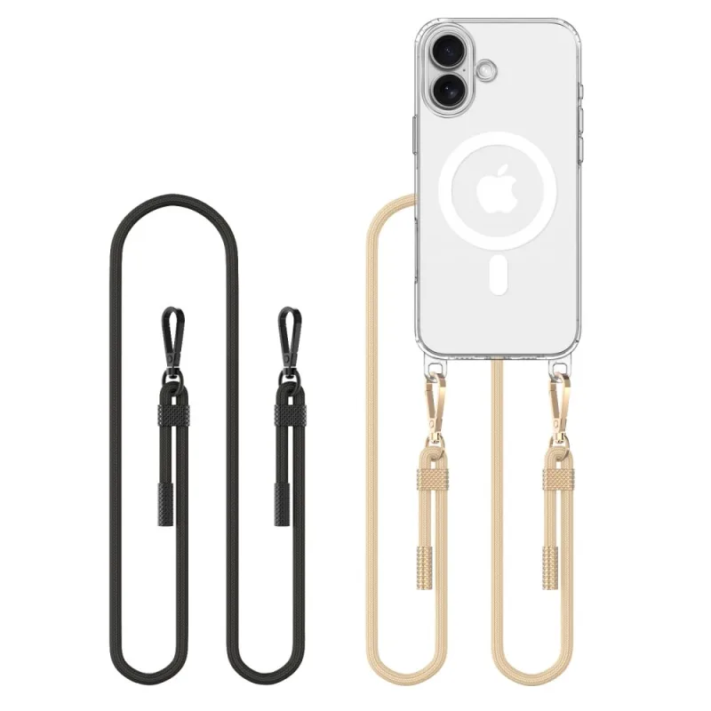 Puzdro Tech-Protect FlexAir Chain MagSafe na iPhone 16 – priehľadné + 2 šnúrky (čierne a svetlohnedé)