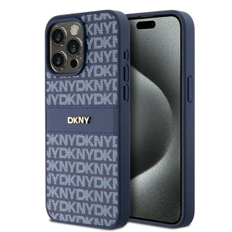 Obal DKNY Leather Mono Stripe & Metal Logo pre iPhone 15 Pro Max - modrý