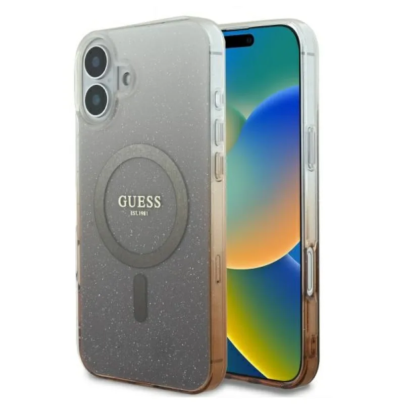 Puzdro Guess IML Glitter Gradient MagSafe pre iPhone 16 Plus – hnedé