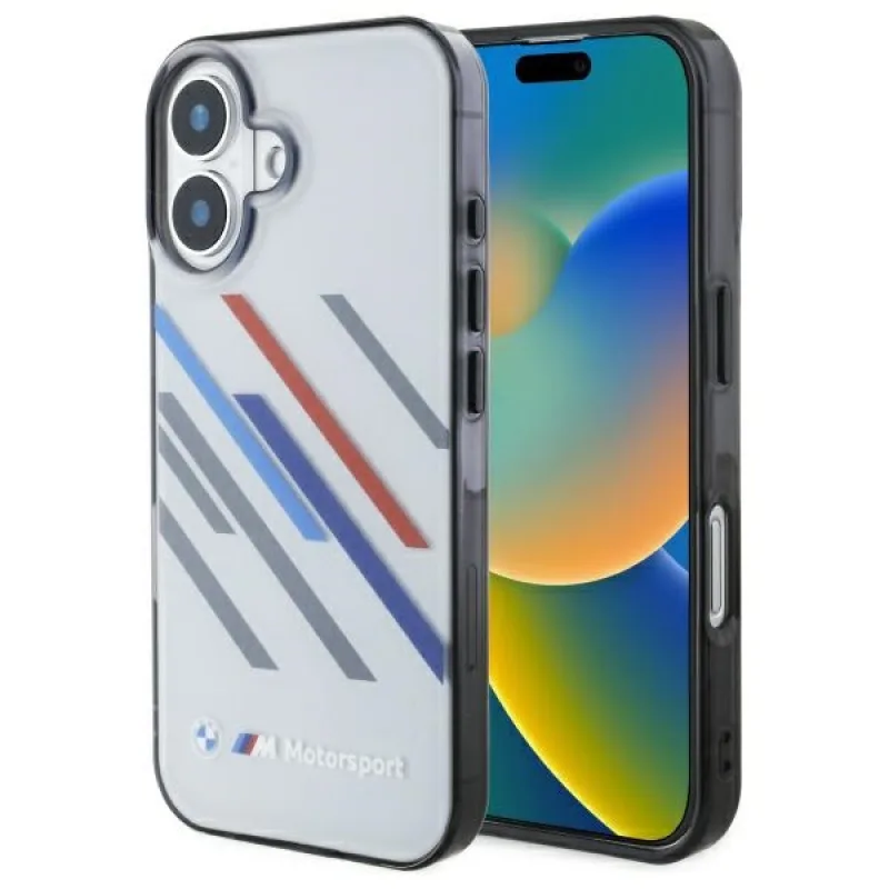 Puzdro BMW Motosport IML Random Stripes na iPhone 16 – šedé