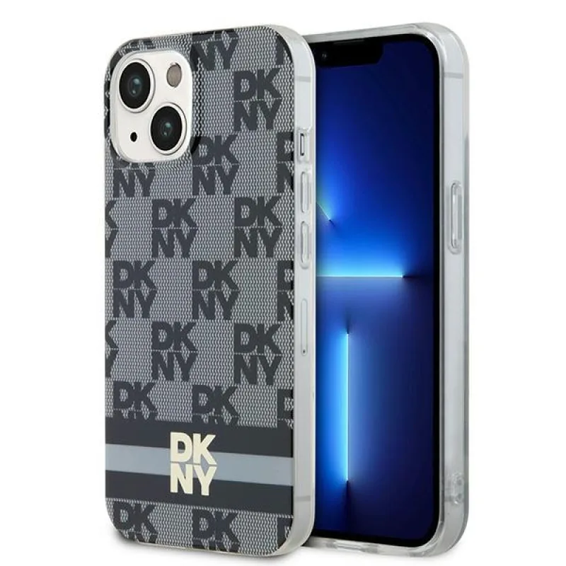 DKNY IML kockovaný mono vzor a tlačené prúžky MagSafe puzdro pre iPhone 15 Plus / 14 Plus – čierne