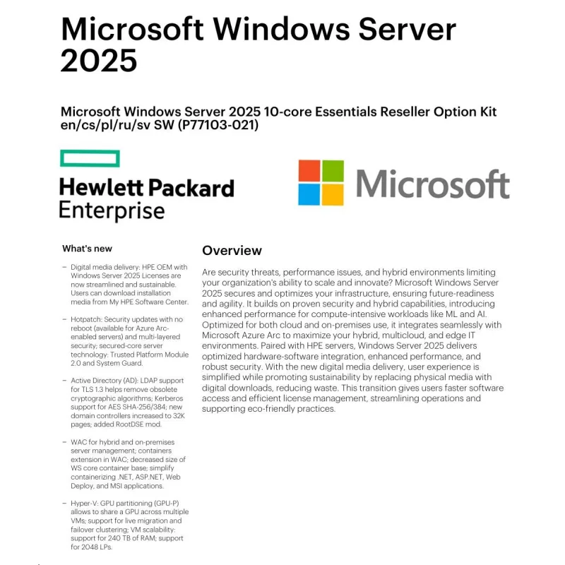 HPE Windows Server 2025 10-core Essentials Reseller Option Kit CZ…