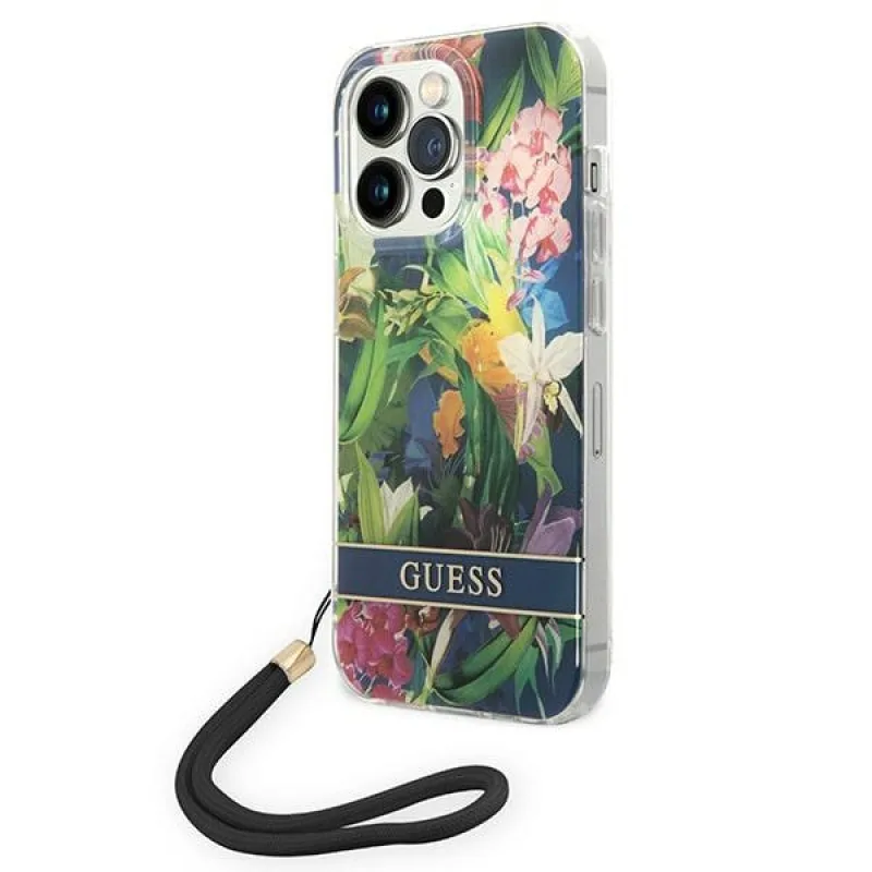 Guess GUOHCP14XHFLSB iPhone 14 Pro Max 6,7 "modro/modré pevné puzdro Flower Strap