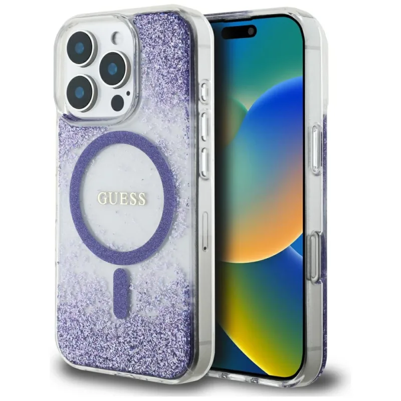 Guess HC Resin Bottom Glitter MagSafe puzdro pre iPhone 16 Pro - fialové