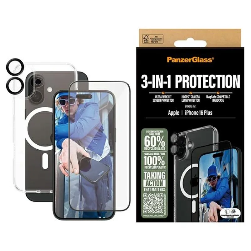 PanzerGlass Bundle 3v1 iPhone 16 Plus 6,7" D3O pevné puzdro + ochrana obrazovky UWF+ Lens B1293+2863+1283