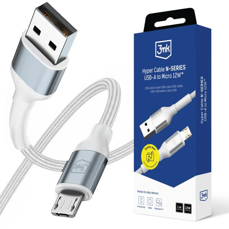 3mk Hyper kábel N-SERIES USB-A / MicroUSB 1m 5V/2,4A 12W / biely