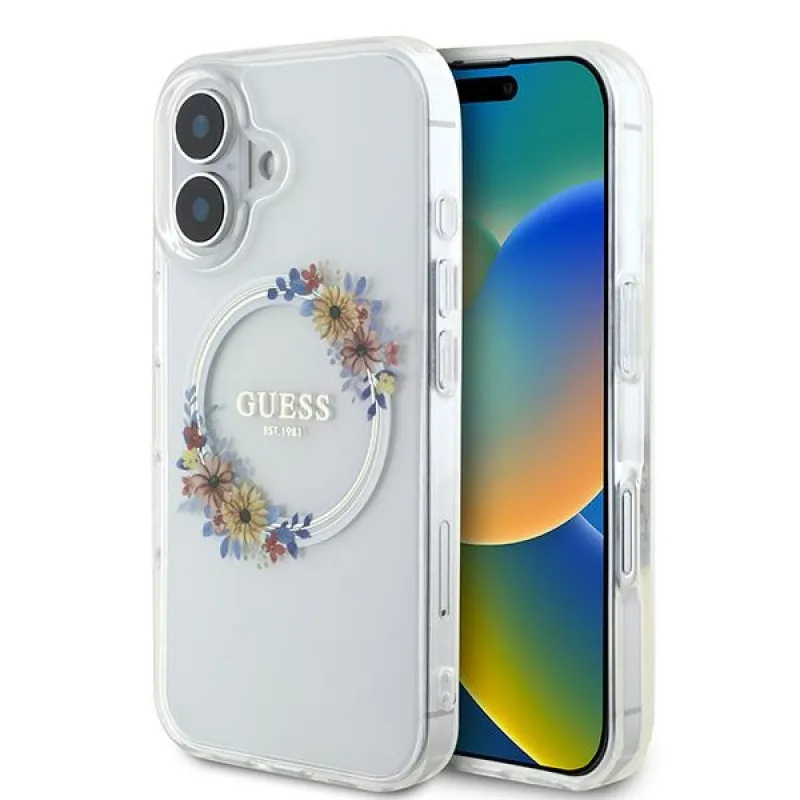 Puzdro Guess IML Flowers Wreath MagSafe na iPhone 16 Plus – priehľadné