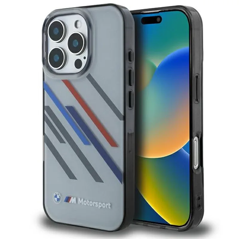Puzdro BMW Motosport IML Random Stripes na iPhone 16 Pro Max – šedé