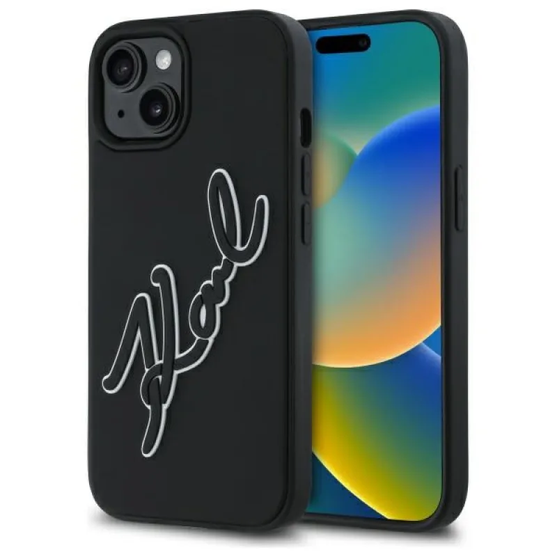 Kryt Karl Lagerfeld 3D Rubber Signature na iPhone 15 – čierny