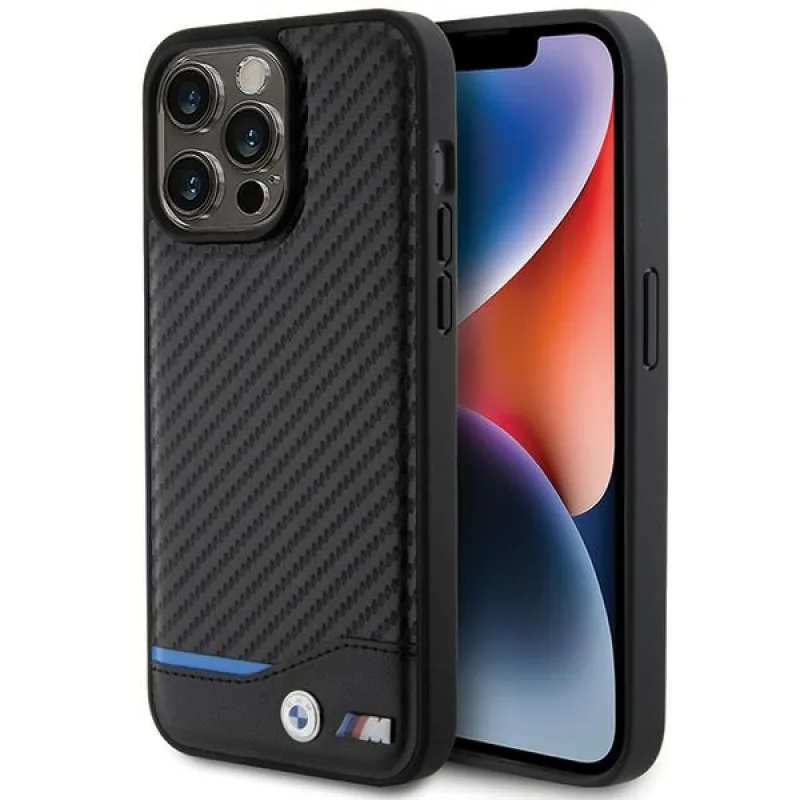 Kožené puzdro BMW Carbon pre iPhone 15 Pro Max - čierne