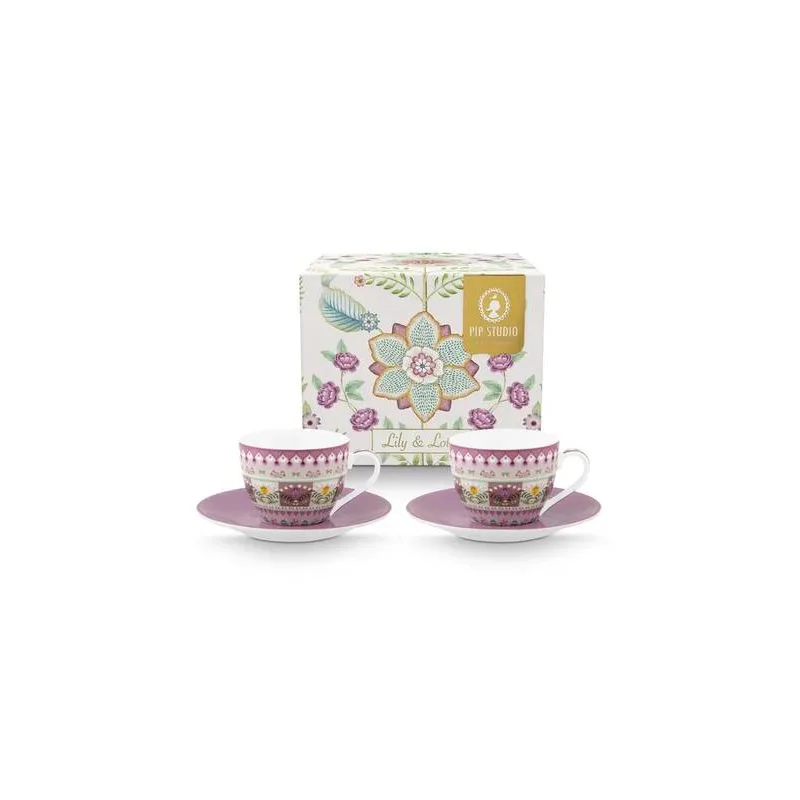 Pip Studio Lily & Lotus sada 2ks espresso šálků s podšálky 100ml, lila