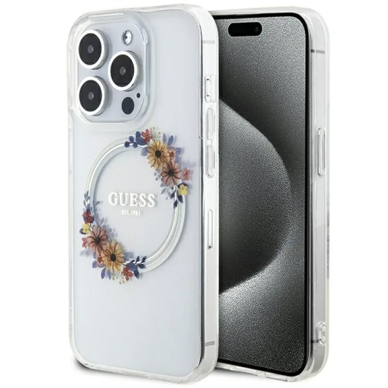 Puzdro Guess IML Flowers Wreatch MagSafe iPhone 15 Pro Max – priehľadné