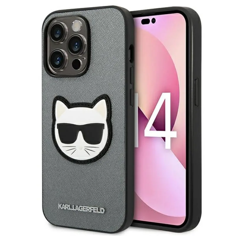 Obal Karl Lagerfeld Saffiano Choupette Head Patch pre iPhone 14 Pro - strieborný
