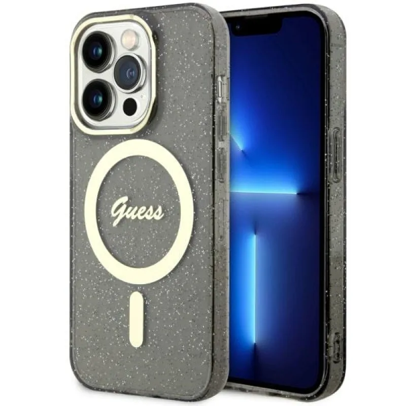 Guess GUHMP14XHCMCGK iPhone 14 Pro Max 6,7" čierno-čierne pevné puzdro Glitter Gold MagSafe