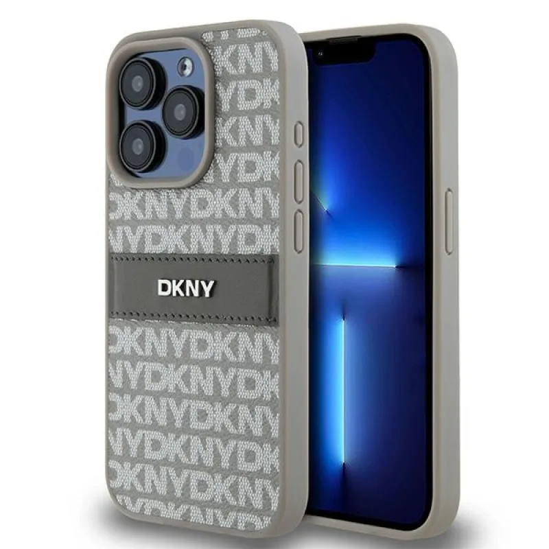 Obal DKNY Leather Mono Stripe & Metal Logo pre iPhone 15 Pro Max - béžový