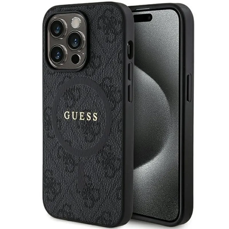 Guess 4G Collection kožené kovové logo MagSafe puzdro pre iPhone 14 Pro Max - čierne