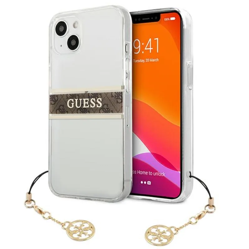 Guess GUHCP13SKB4GBR iPhone 13 mini 5,4" priehľadné pevné puzdro 4G Brown Strap Charm