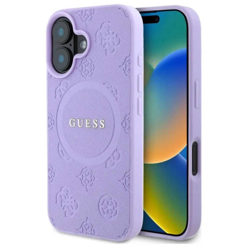 Puzdro Guess Saffiano Peony Classic Logo MagSafe na iPhone 16 – fialové