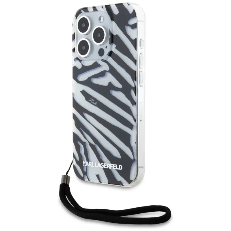 Obal Karl Lagerfeld IML Zebra Pattern & Cord pre iPhone 15 Pro - čierny