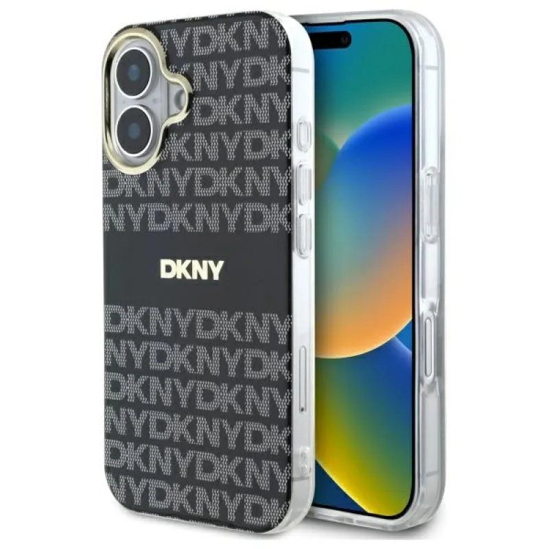 Opakovaný vzor textúry DKNY s pásikom na iPhone 16 – čierny