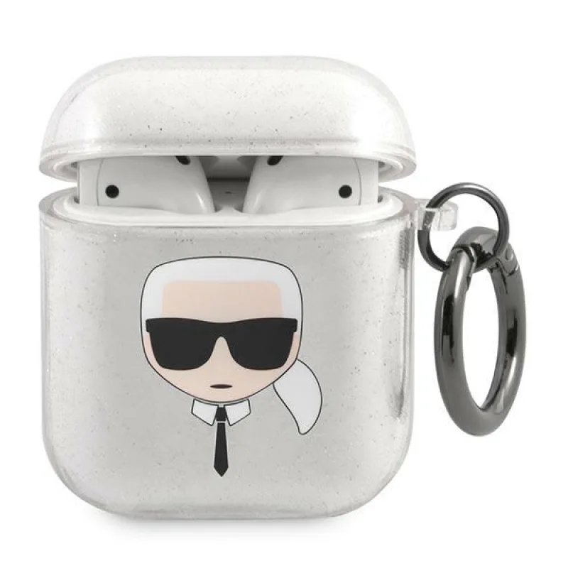 Karl Lagerfeld Glitter Karl's Head puzdro pre AirPods 1/2 - strieborné