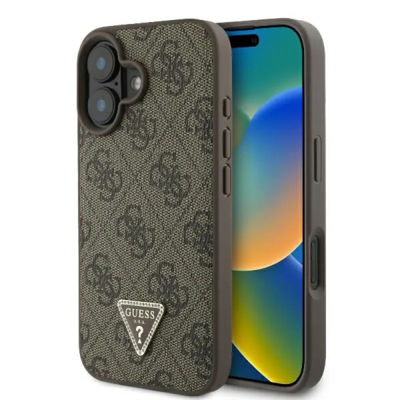 Guess Leather 4G Triangle Strass MagSafe puzdro na iPhone 16 – hnedé