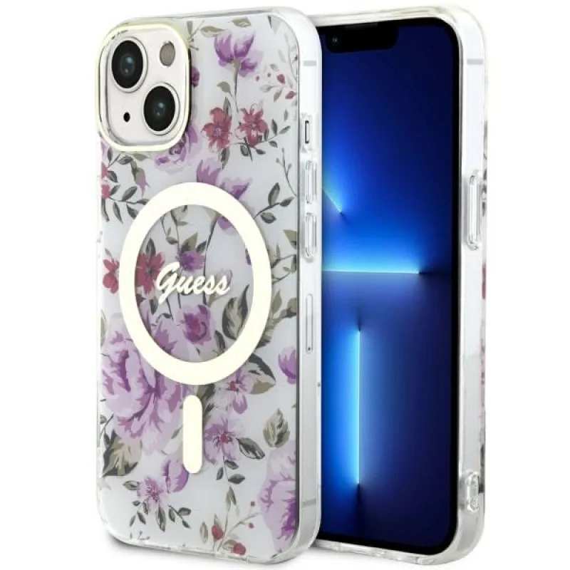 Puzdro Guess Flower MagSafe pre iPhone 14 - priehľadné