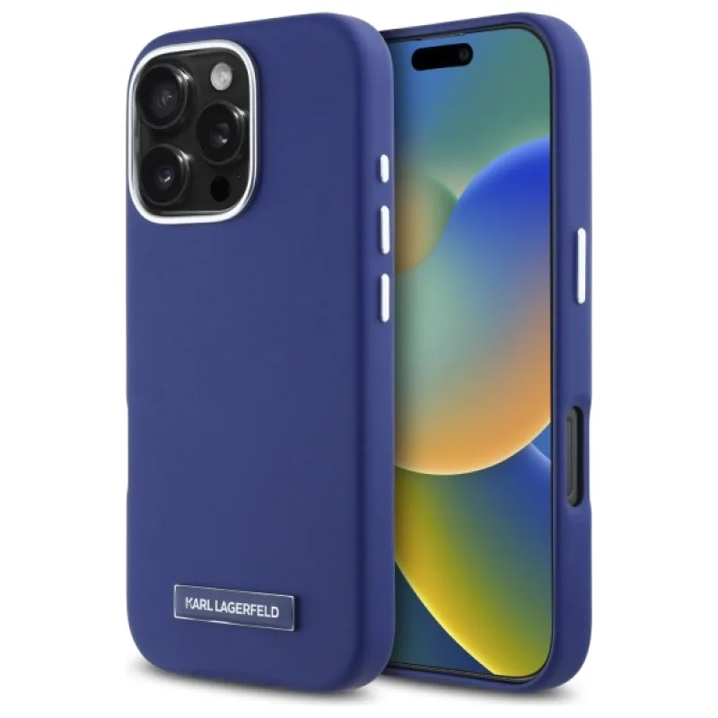 Kryt Karl Lagerfeld FW Metal Plate MagSafe iPhone 16 Pro – modrý
