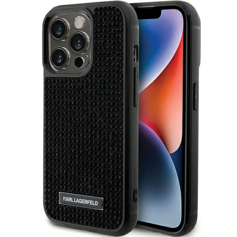 Kryt Karl Lagerfeld Rhinestone Logo Metal Plate pre iPhone 15 Pro - čierny