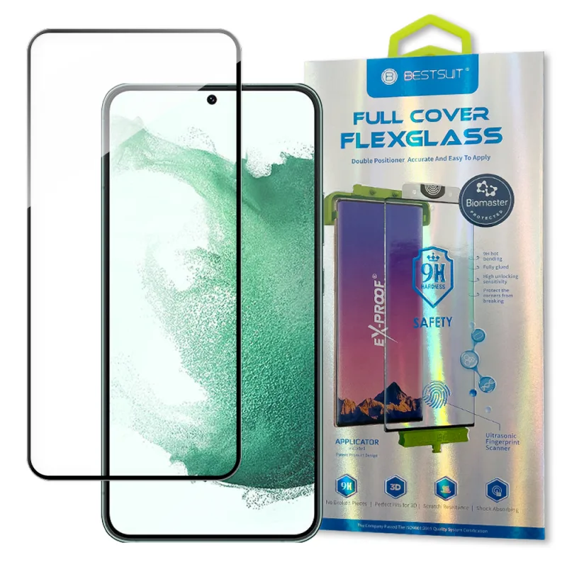 Najlepšie 3D Edge Nano Flexi Glass Glass Film Celoobrazovkové tvrdené sklo s rámom pre Samsung Galaxy S22 + (S22 Plus) Transparent