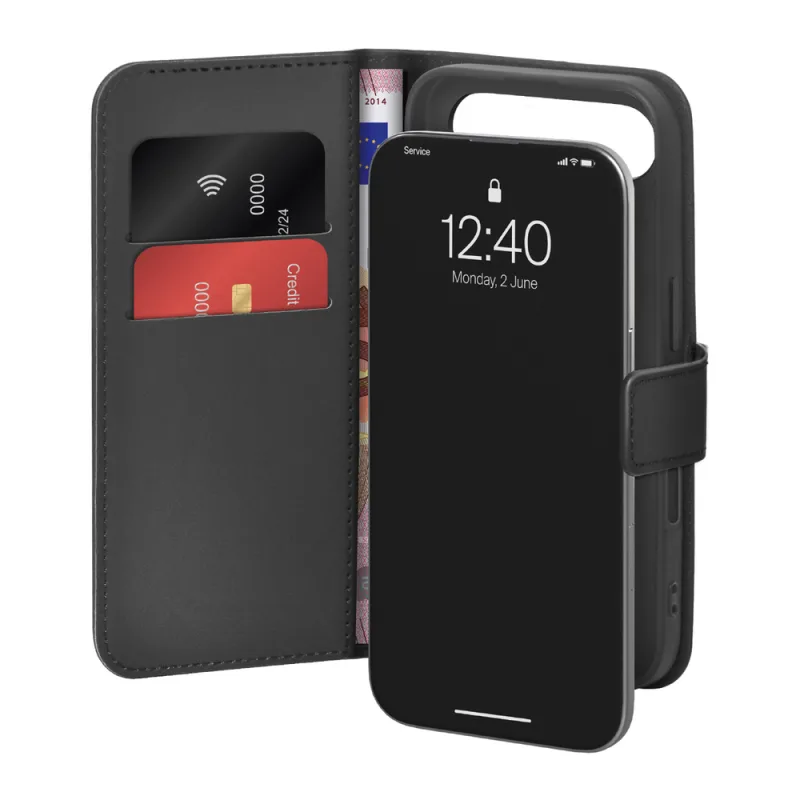 Puzdro Puro Wallet Stand Case pre iPhone 17 Air z ekokože, s chlopňou, peňaženkou a funkciou stojana - čierne
