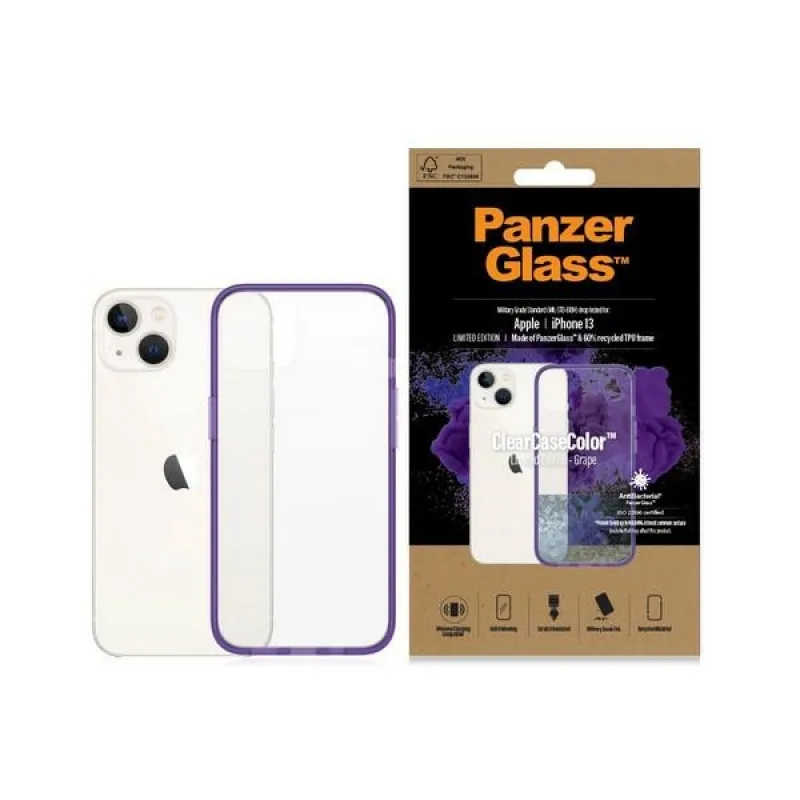 Antibakteriálne puzdro PanzerGlass ClearCase s certifikátom Military Grade pre iPhone 13 / 14 / 15 - transparentné fialové