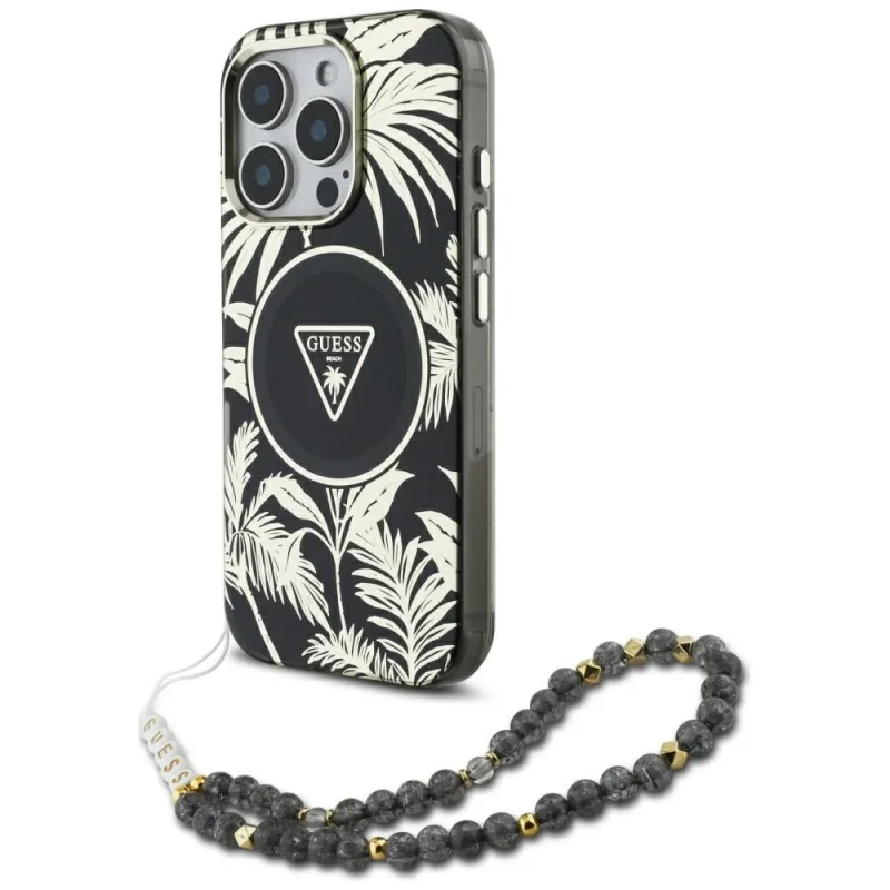 Puzdro Guess Palm Trees Triangle Pearl Strap MagSafe pre iPhone 16 Pro čierne