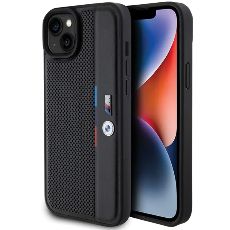 Puzdro BMW Perforated Tricolor Line pre iPhone 15 Plus / 14 Plus - čierne